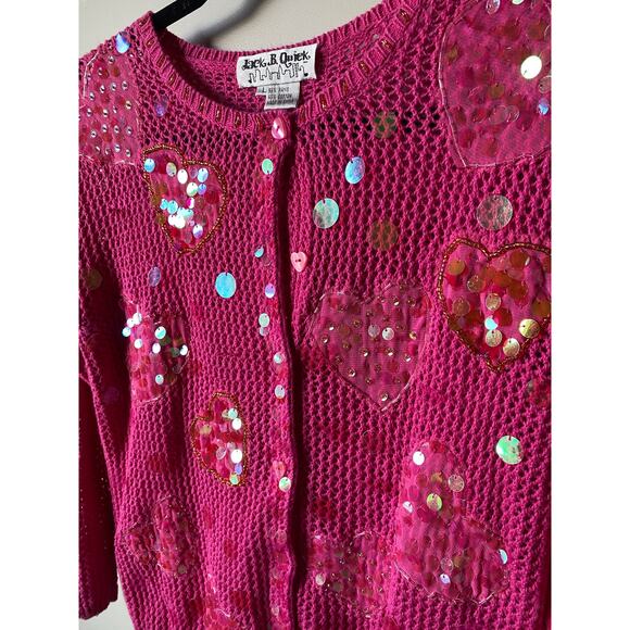 Jack B Quick Hot Pink Crochet Knit Sequin & Bead Valentine's Day Heart Cardigan - Picture 4 of 14